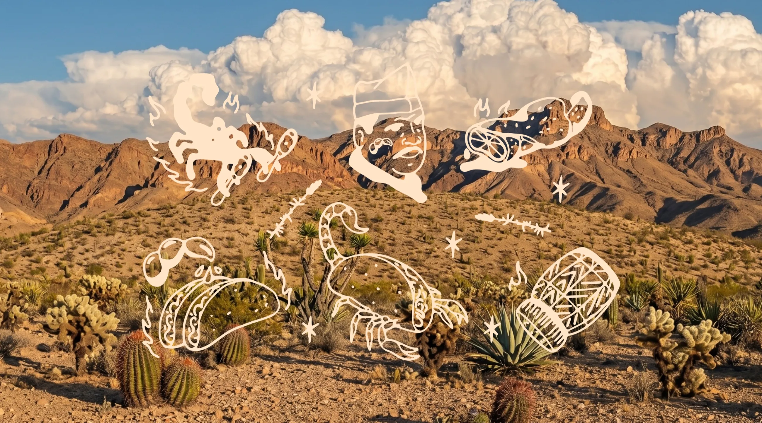 Desert landscape with hand-drawn illustrations